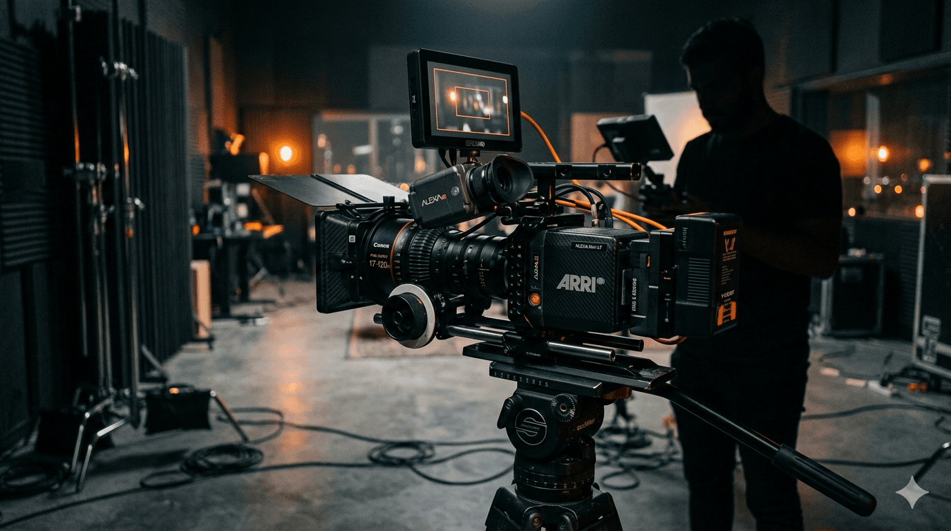 On Camera Training Dubai | Ein Rock Professional cinema camera in a dark Dubai studio — on-camera training by Ein Rock